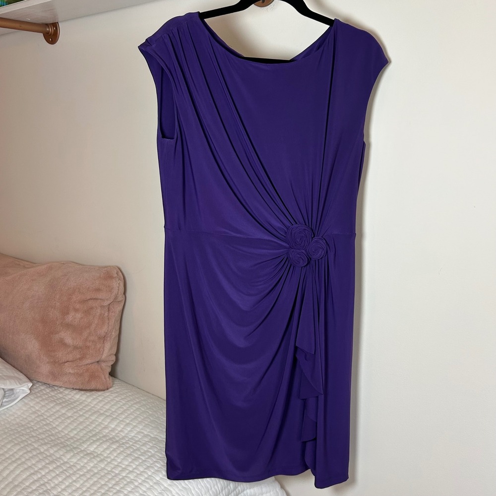 Jones New York Purple Ruched Rosette Sheath Dress Size 16 Sleeveless Cocktail